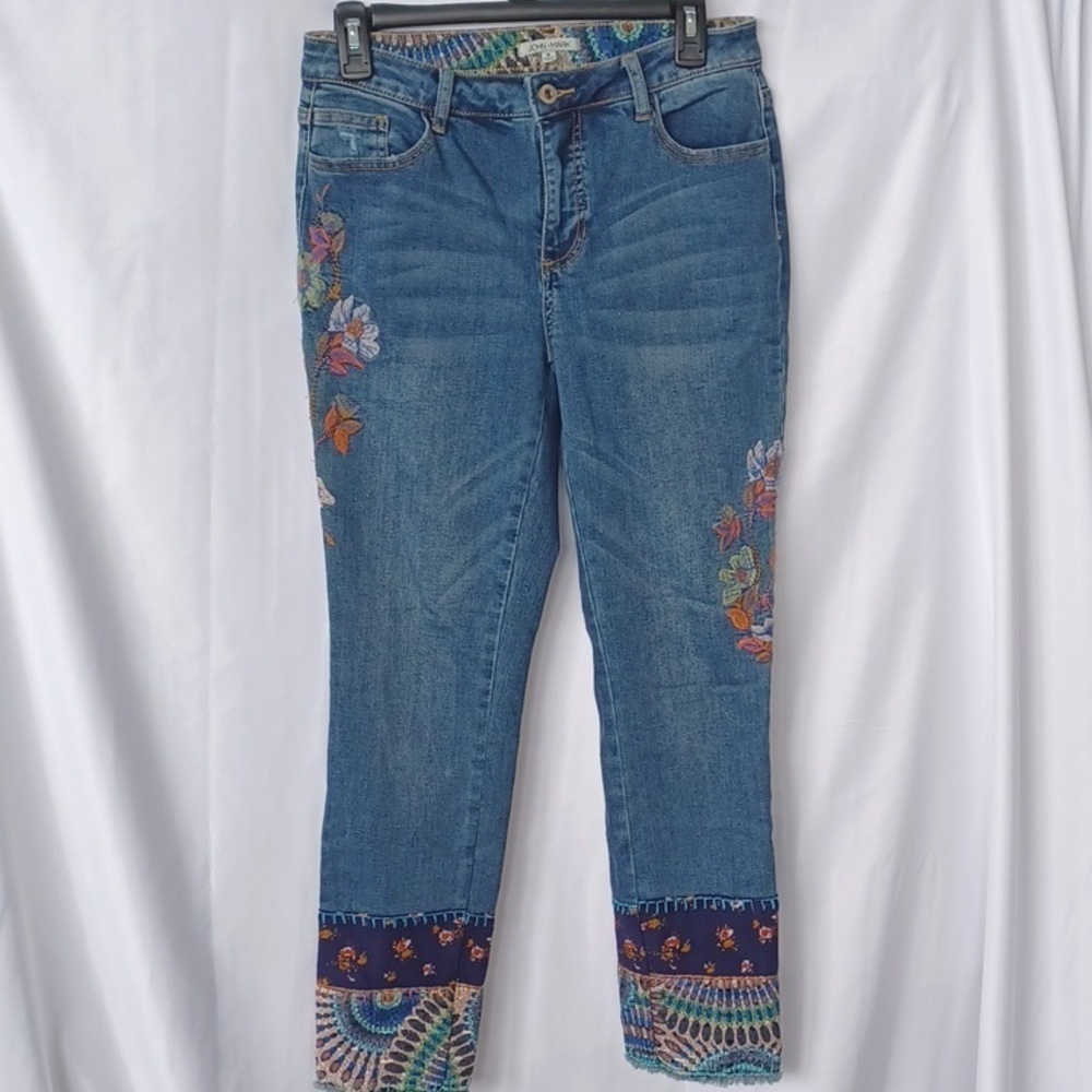 John Mark Floral Embroidered Jeans Raw Hem, 27" Inseam